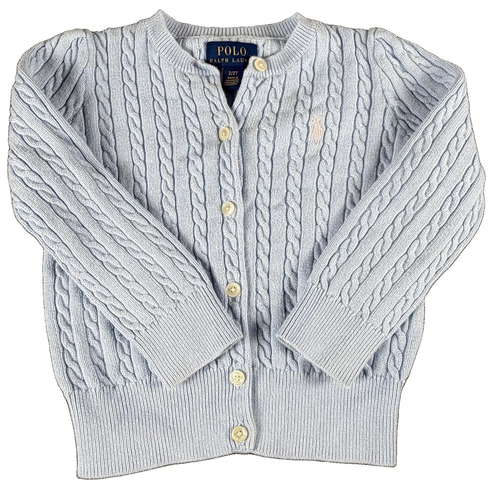 Polo Ralph Lauren Sweater Girls 2T Blue Cable Knit Cardigan Logo Crew Neck